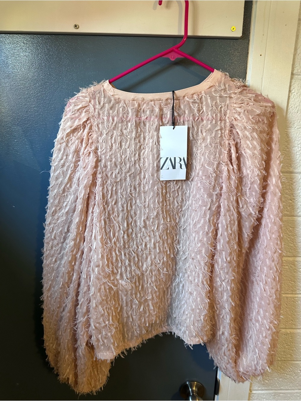 Zara Blush Pink Textured Feather-Effect Crewneck Sweater